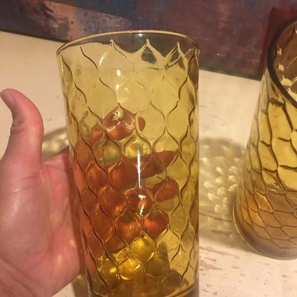 Vintage Anchor Hocking Amber Glass Diamond Scale Pattern Drinking Cups Tumblers - Picture 4 of 7